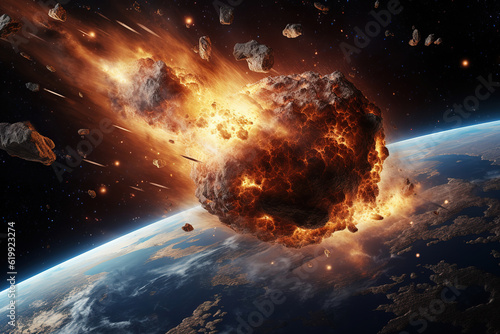 massive asteroid hurtling towards Earth, with flames and destruction in its wake, generative ai 
