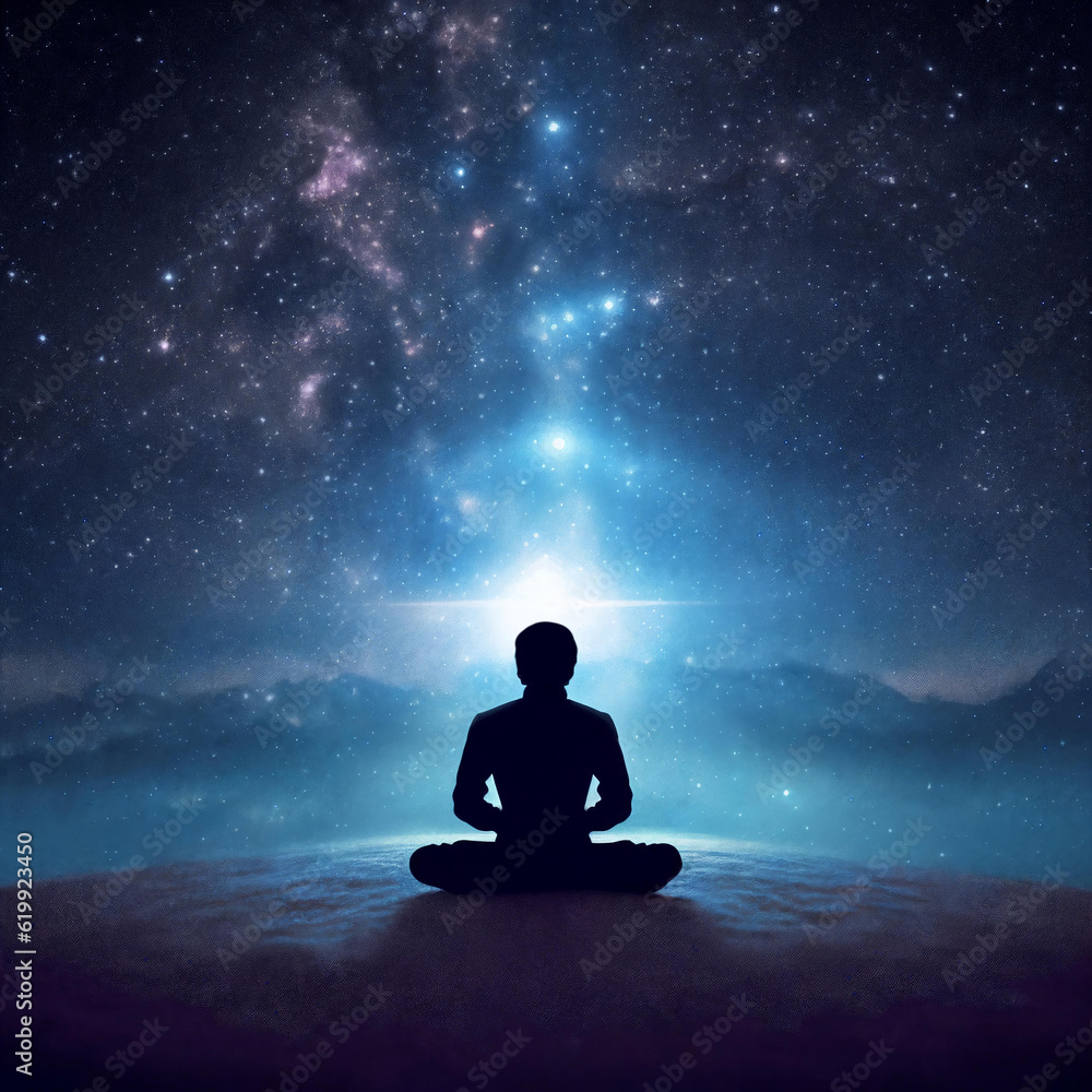 Meditating person silhouette, night sky on background. AI Generative