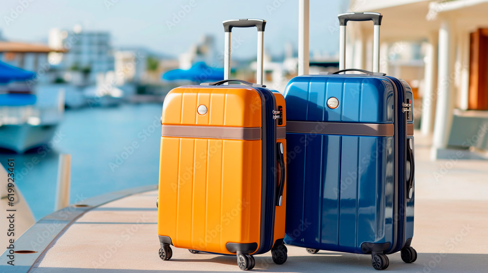 Modern seaport vacation travel case with yachts and boats as a backdrop, Generative AI Modern seaport vacation travel case with yachts and boats as a backdrop, Generative AI