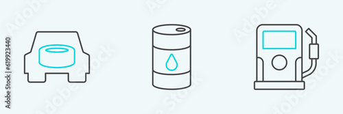 Set line Petrol or gas station, Spare wheel in the car and Barrel oil icon. Vector
