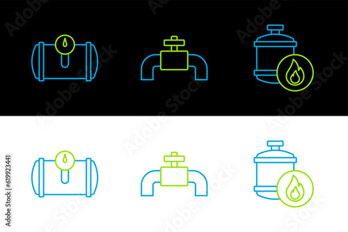 Set line Propane gas tank, Gas for vehicle and Metallic pipes and valve icon. Vector