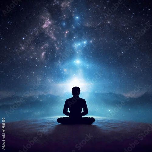 Meditating person silhouette, night sky on background. AI Generative