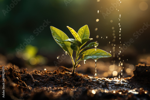 Watering a plant that is growing, symbolizing nurturing, care, and the process of growth and development. Generative Ai.