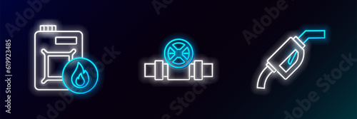 Set line Gasoline pump nozzle, Canister for motor oil and Metallic pipes and valve icon. Glowing neon. Vector