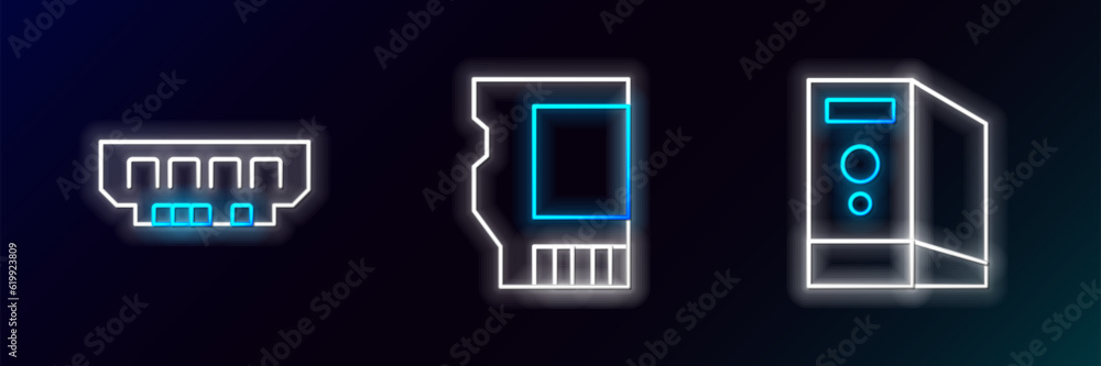 Set line Case of computer, RAM, random access memory and SD card icon. Glowing neon. Vector