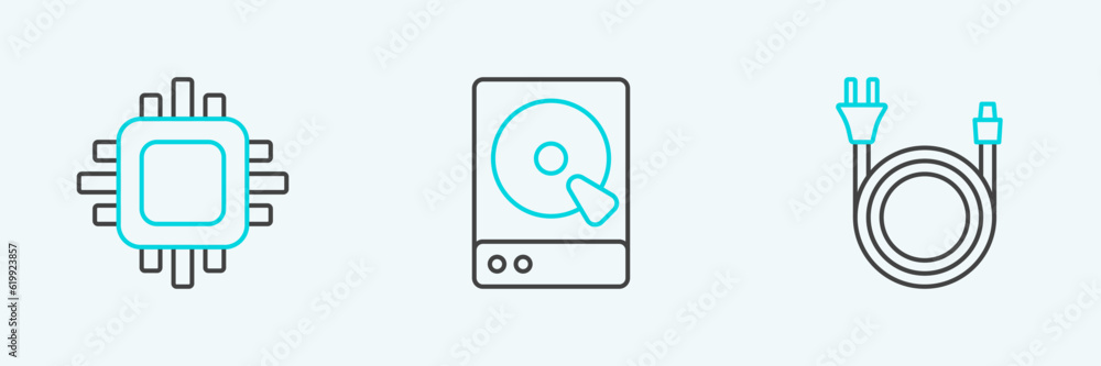 Set line Electric plug, Processor with CPU and Hard disk drive HDD icon. Vector Set line Electric plug, Processor with CPU and Hard disk drive HDD icon. Vector