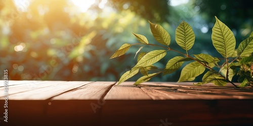 wooden board table foreground with leaves and nature landscape  summer spring  Generative Ai