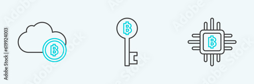 Set line CPU mining farm, Cryptocurrency cloud and Bitcoin key icon. Vector