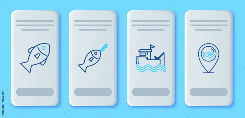Set line Fish on hook, Fishing boat with fishing rod water, and Location icon. Vector
