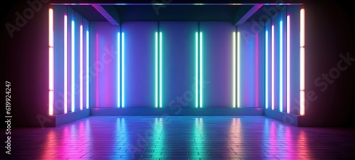 empty room with neon light glow in dark room, pink blue green, idea for background, backdrop, mock up, Generative Ai © QuietWord
