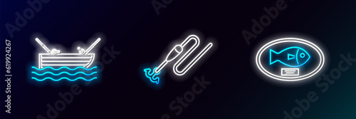 Set line Fish trophy hanging on the board, Fishing boat with fishing rod water and line hook and float icon. Glowing neon. Vector