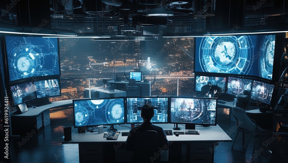 cyber security center or cctv room with staff monitoring on screen, Generative Ai
