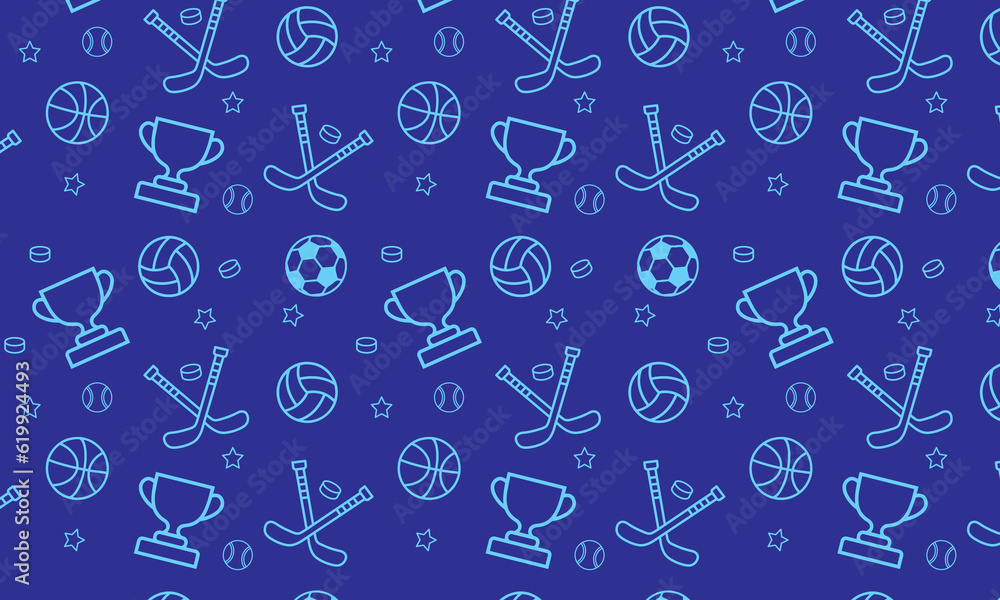 Seamless pattern with sport equipment. blue background