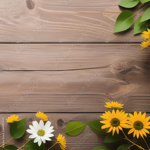 Top view of a dark wooden table with yellow flowers. Background template. AI photo