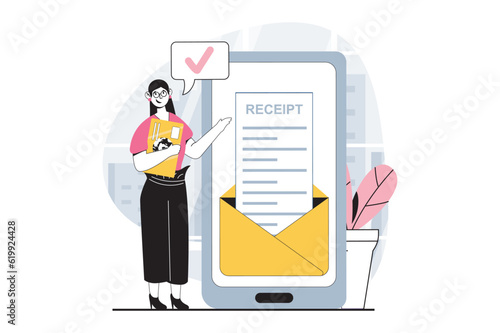 Electronic receipt concept with people scene in flat design for web. Woman making transactions with credit card and receiving check. Vector illustration for social media banner, marketing material.