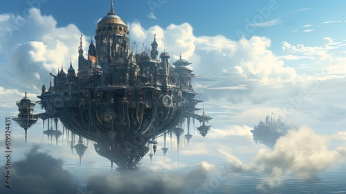 illustration sci-fi fantasy of floating castle spaceship, Generative Ai © QuietWord