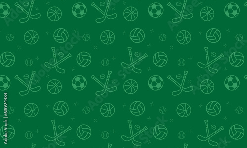 Seamless pattern with sport equipment. green background