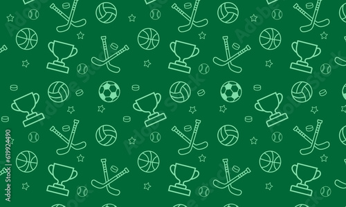 Seamless pattern with sport equipment. green background