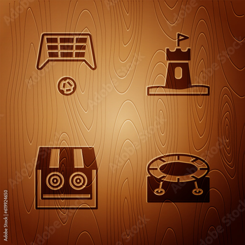 Set Jumping trampoline, Soccer goal with ball, Shooting gallery and Sand tower on wooden background. Vector