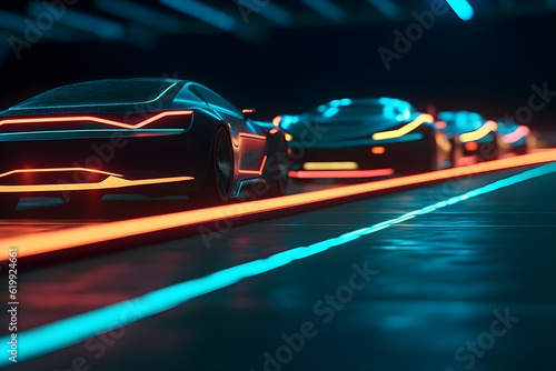 futuristic car race with neon effect ,generative ai © Leo