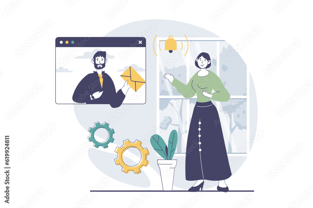 Email service concept with people scene in flat design for web. Man sends electronic letter and woman receives an inbox notification. Vector illustration for social media banner, marketing material.