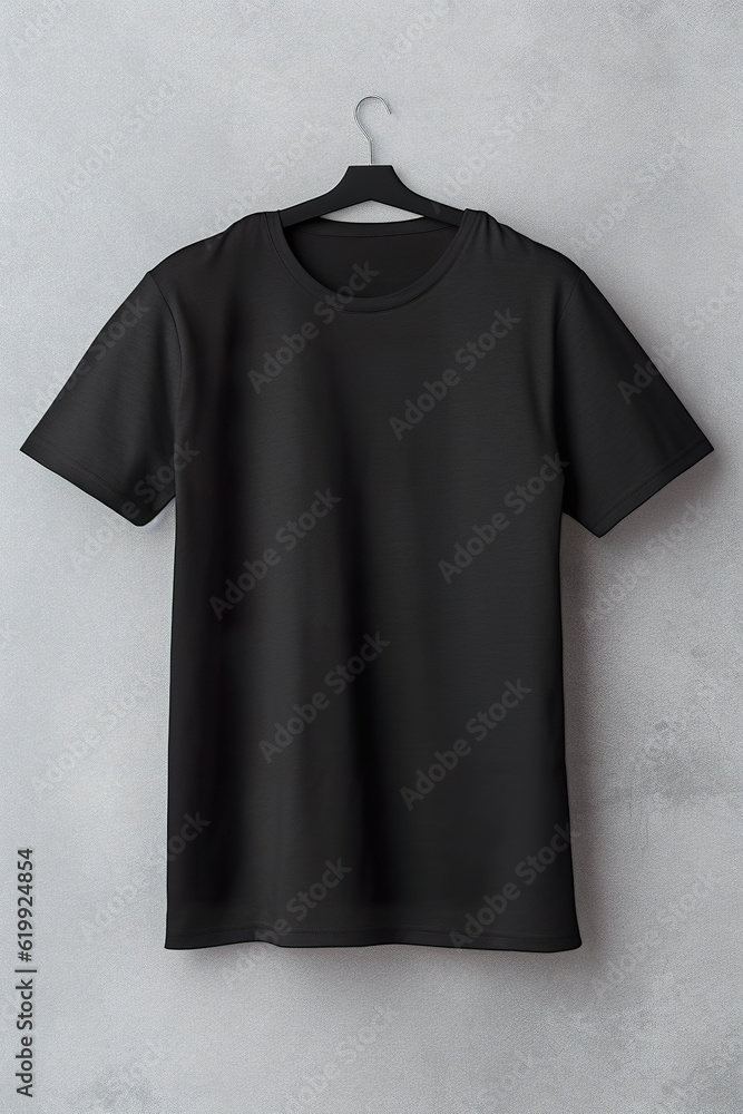Black crewneck T-Shirt mockup on neutral background. Plain black tshirt for your design, front view. Generative AI. Black crewneck T-Shirt mockup on neutral background. Plain black tshirt for your design, front view. Generative AI.