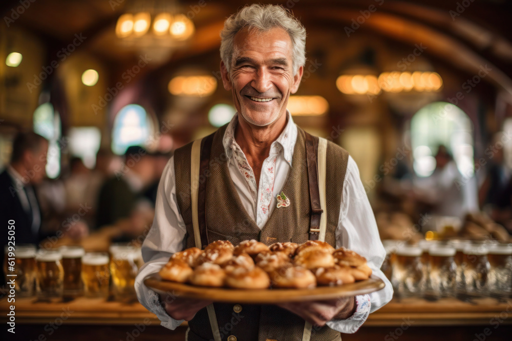 Oktoberfest Senior man holding beer and food, Generative AI Oktoberfest Senior man holding beer and food, Generative AI