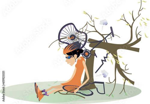 Cyclist woman smashed into a tree. 
Upset cyclist woman sitting near the broken bicycle. Isolated on white illustration
