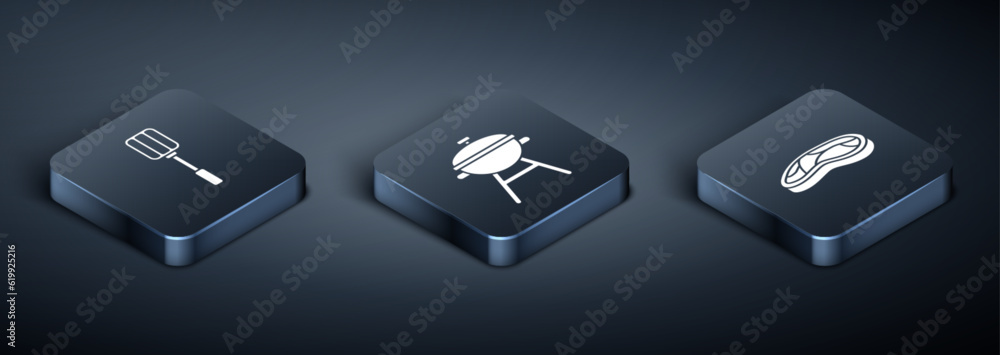 Set Isometric Spatula, Steak meat and Barbecue grill icon. Vector Set Isometric Spatula, Steak meat and Barbecue grill icon. Vector