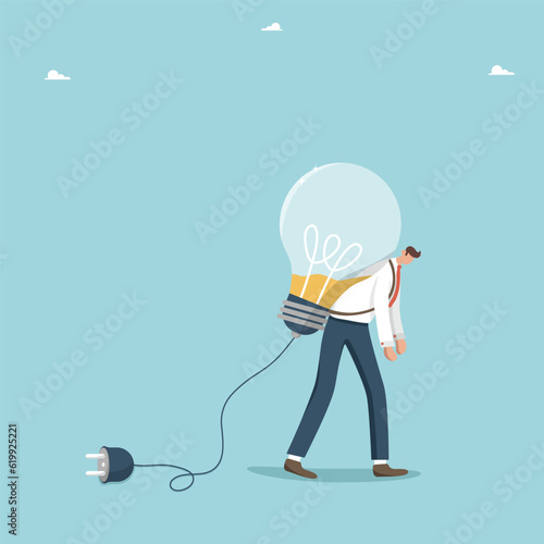 Brilliant ideas for solving business problems are running out, lack of creativity to get out of a difficult situation, searching for ways to achieve goals, exhausted man carries discharged light bulb.