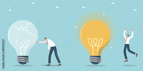 Found a brilliant idea for starting business or solving problem, brainstorming for finding successful strategy or growth plan, upset man near broken light bulb and happy man near a glowing light bulb.