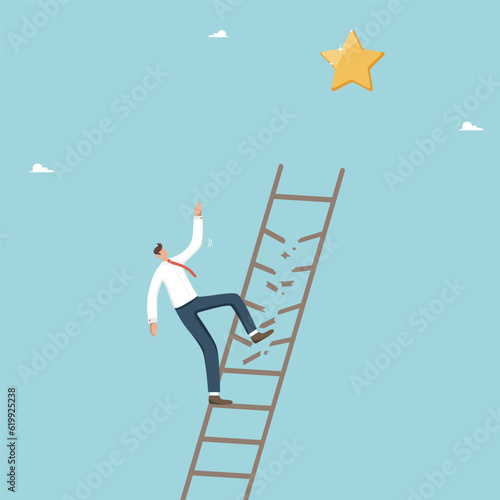 Business failure, competitive defeat and loss of reward, unexpected force majeure, choosing a losing strategy, wrong way of development, unjustified risk, man falls from stairs leading to the star.