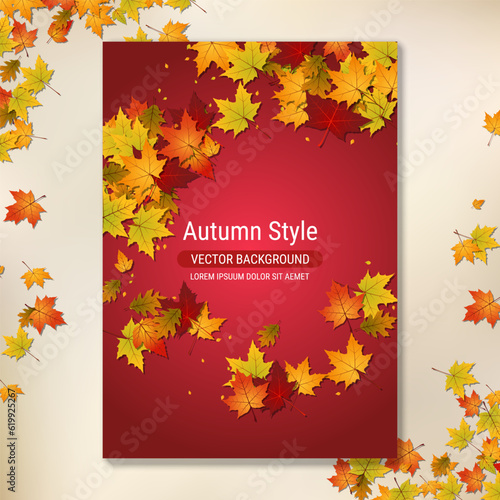 Autumn flyer with colorful leaves, banner, booklet, poster, placard, mockup, brochure cover vector template. A4 format