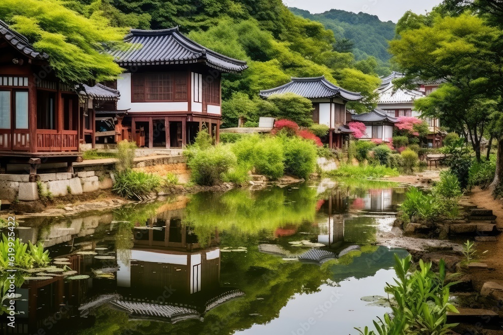 Obraz premium Serene Korean Temple Village Reflecting in Calm Pond