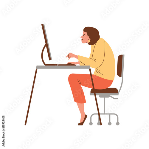 Smiling woman sitting slumped at computer flat style, vector illustration