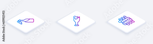 Set Isometric line Cocktail molotov, Broken bottle as weapon and Dynamite and timer clock. White square button. Vector