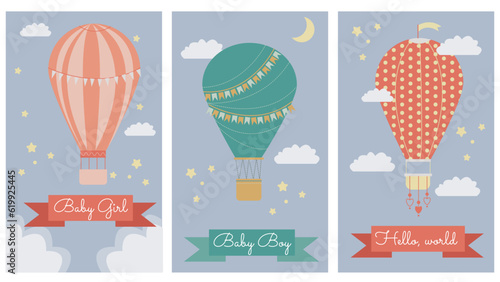 vector set with three postcards for newborns with cute little hot air ballons in the sky