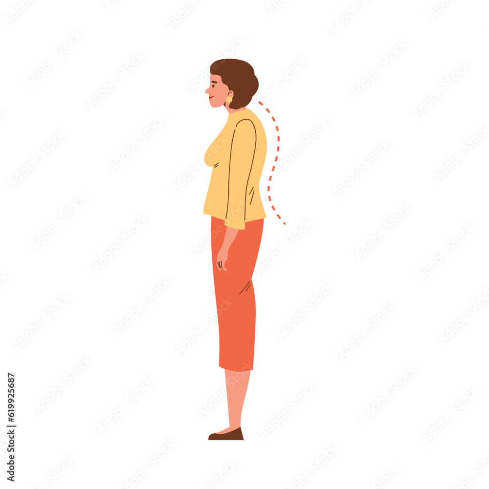 Smiling woman stands hunched over flat style, vector illustration Smiling woman stands hunched over flat style, vector illustration