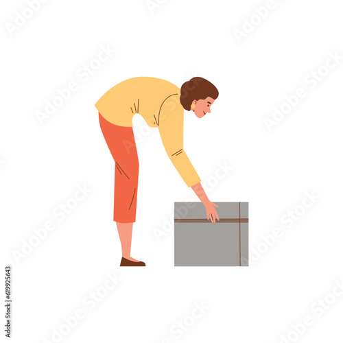 Vector isolated illustration of woman bent down to pick up the heavy box, wrong posture, Good health concept