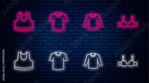 Set line T-shirt, Sweater, Undershirt and Bra. Glowing neon icon on brick wall. Vector