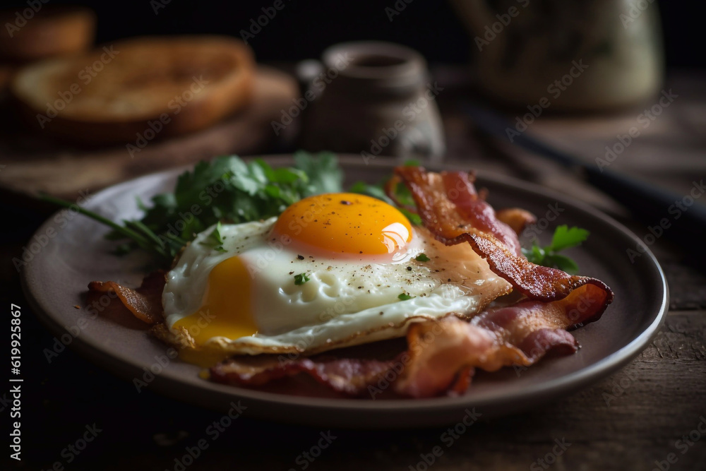 Eggs with bacon on a plate, restaurant serving. Close up. Generative AI. Eggs with bacon on a plate, restaurant serving. Close up. Generative AI.