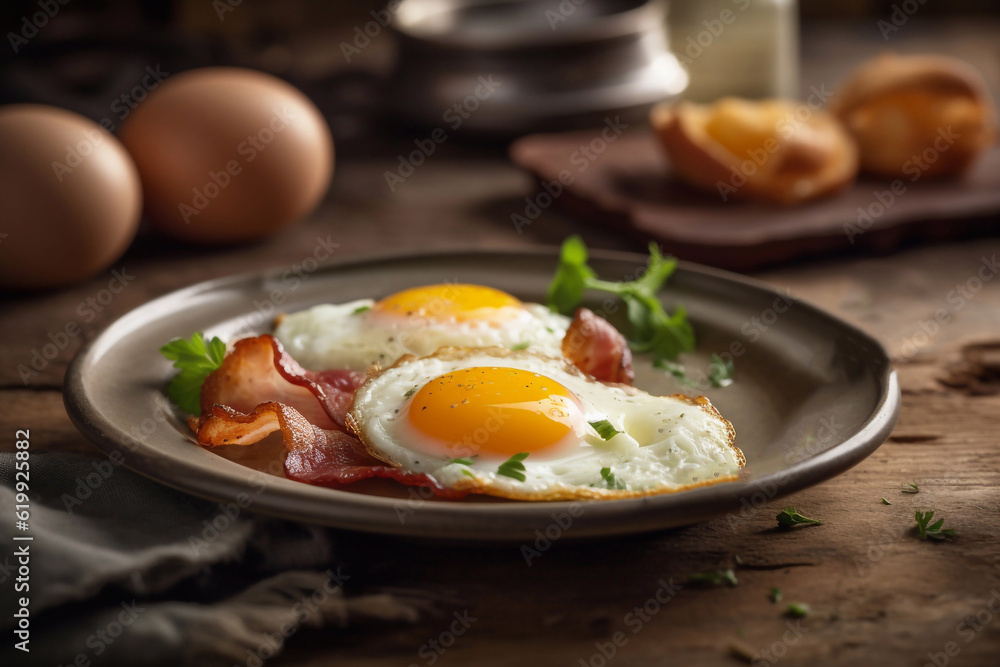 Eggs with bacon on a plate, restaurant serving. Close up. Generative AI. Eggs with bacon on a plate, restaurant serving. Close up. Generative AI.