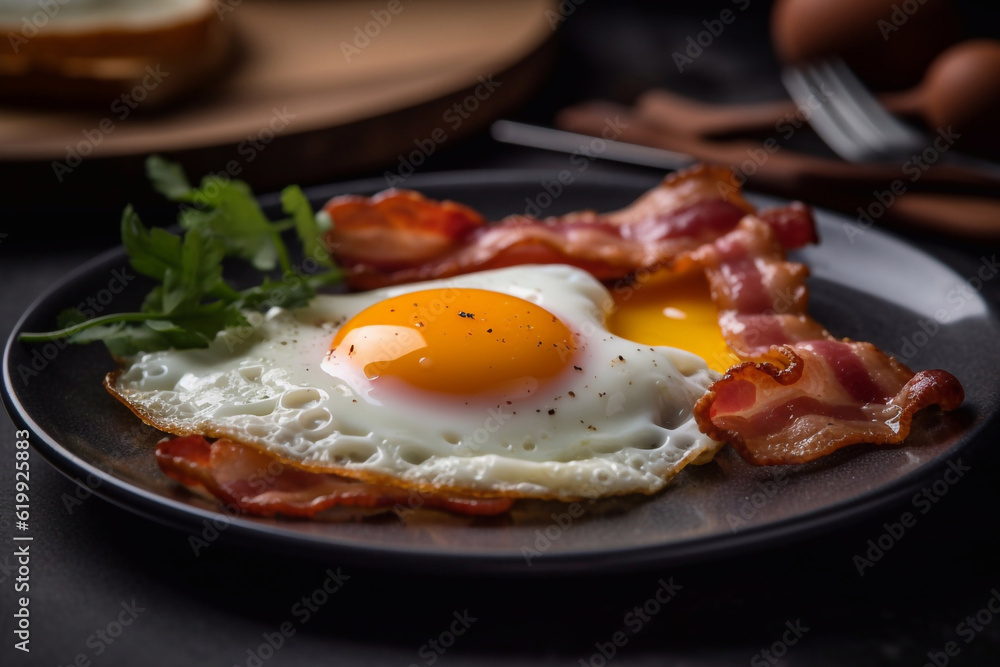 Eggs with bacon on a plate, restaurant serving. Close up. Generative AI. Eggs with bacon on a plate, restaurant serving. Close up. Generative AI.