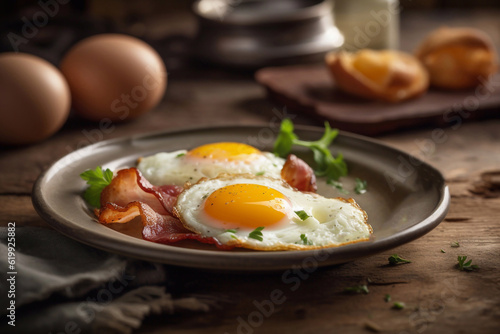 Eggs with bacon on a plate, restaurant serving. Close up. Generative AI.