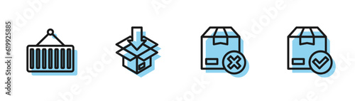 Set line Carton cardboard box, Container crane, and ackage with check mark icon. Vector
