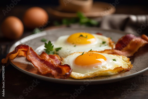 Eggs with bacon on a plate, restaurant serving. Close up. Generative AI.