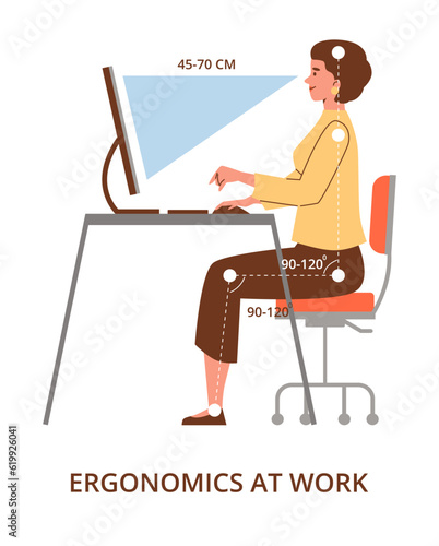 Smiling woman with correct posture works at computer flat style