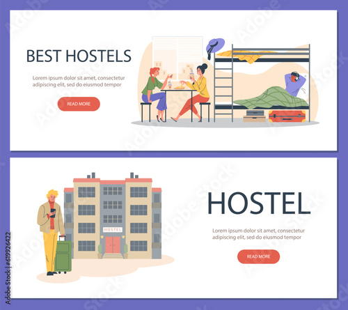 Set of website banner templates about hostels flat style, vector illustration