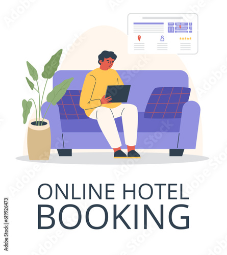Man sitting on sofa and ordering online hotel, hostel booking via laptop, Vector illustration isolated on white background