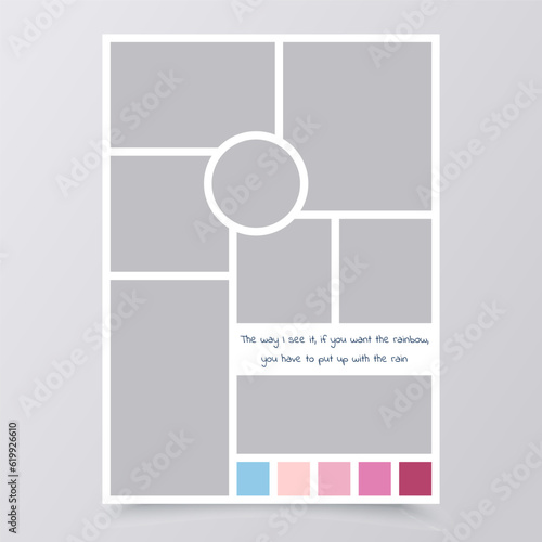 Moodboard grid. Collage layout. Mood board background. Photomontage pictures template. Mosaic frames. Album scrapbook card. Vertical mockup with colour palette and quote. Vector illustration